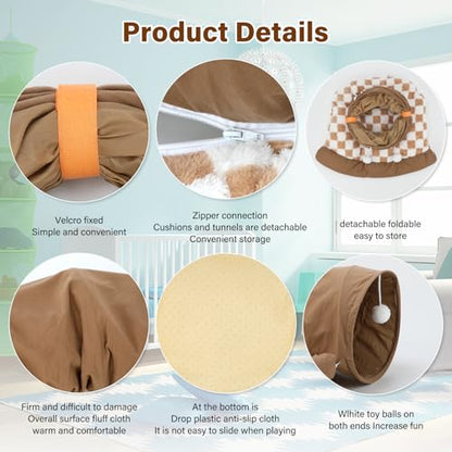 BWOGUE Bunny Tunnel Bed, 2-in-1 Collapsible Tunnel Tubes Toys with Removable Mat Hideout for Cats Kittens Rabbits Guinea Pigs Kitty (Coffee) - color: Coffee