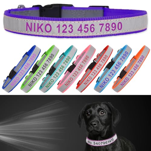 Reflective Personalized Dog Collar - Custom Embroidered Pet Name and Phone Number with Adjustable Nylon Buckle Collars in 5 Sizes XS to XL for Boy and Girl Dogs,Puppy,Deep Purple - color: Deep Purple
