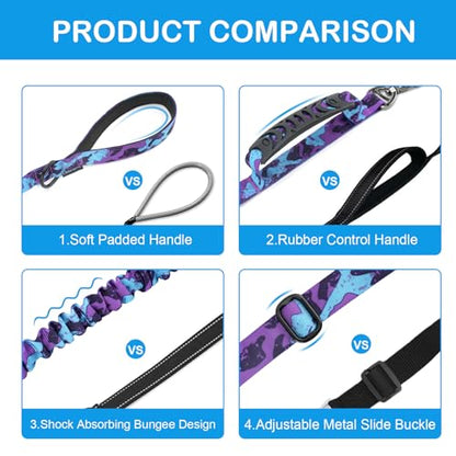 2 Pack Heavy Duty Dog Leash for Medium Large Dogs that Pull,4-6FT Shock Absorbing Bungee Tactical Dog Leash with 2 Padded Handle Car Seatbelt,Reflective Walking Training Lead,Purple Camo - color: 2-Pack Purple Camo