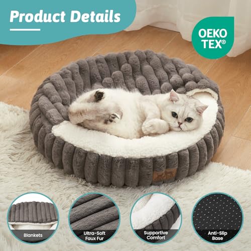 Cat Bed with Hooded Blanket, Round Fluffy Anti-Anxiety Pet Bed for Cats/Toy Breed Dogs, Cozy Donut Cuddler with Machine Washable Faux Fur & Anti-Slip Bottom(20"×20"×6",Grey) - color: Grey, size: 20"×20"×6"