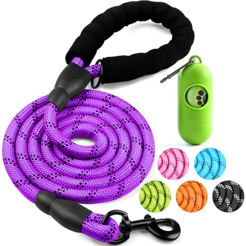Dog Leash 6 FT Heavy Duty - Comfortable Padded Handle - 1/2 inch Reflective Dog Leash for Medium Large Dogs with Poo Bag Dispenser - color: 1 Pack B-Purple, size: 1/2"x 6 FT (18~120 lbs.)
