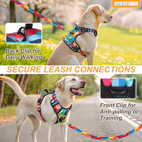BEAUTYZOO No Pull Dog Harness Medium,Adjustable Dog Harness and Leash Set -Easy Wearing with 3 Buckles/Control Handle,No Choke Soft Padded Reflective Pet Vest for Training Walking Hiking, M - color: Geometry, size: M: chest 16"-28"