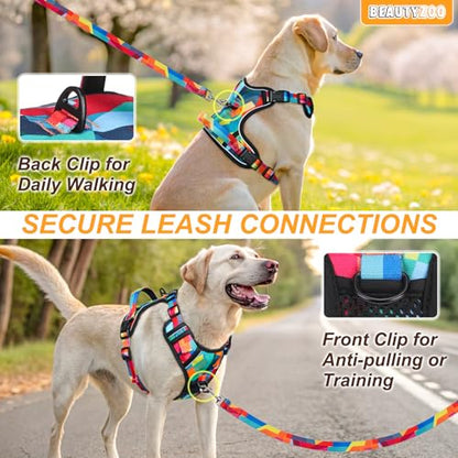 BEAUTYZOO No Pull Dog Harness Large, Adjustable Dog Harness and Leash Set -Easy Wearing with 3 Buckles/Control Handle,No Choke Soft Padded Reflective Pet Vest for Training Walking Hiking, L - color: Geometry, size: L: chest 22"-33"