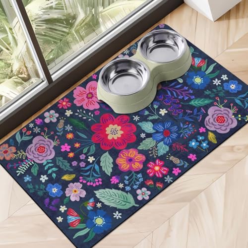 Dog Food Mats for Floors, Absorbent Dog Bowl Mat for Food and Water Dispenser, Quick Dry Cat Food Mat Pet Supplies - color: Floral Navy, size: S(12"×20")