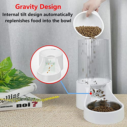 Automatic Cat Feeder, 3.8L Large Gravity Cat Food Dispenser with Detachable Top Lid, Visible Bottle and Stainless Steel Bowl for Pets (White) - color: White