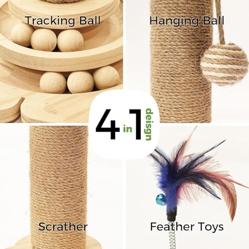 Cat Scratching Post Cat Scratcher Tower with 2-Layer Ball Tracks Interactive Feather Toy Kitten Scratch Post Cat Toy for Indoor 15.4" H Cat Scratch Post with Monstera Leaves - color: Monstera