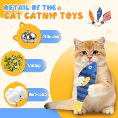 Catnip Toys,6 Pack Interactive Cat Kitten Chew Kicker Exercise Toys with Bell Ring Natural Catnip Cotton Fish Shape Toys for Bored,Exercise,Anxiety Relief - color: Blue,Orange,Grey,Red,Rose Pink,Deep Blue