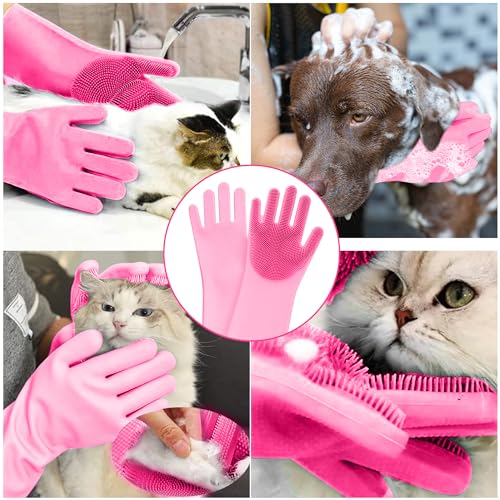 Pet Grooming Gloves, High-Density Silicone Gloves with Enhanced Five Finger Design for Bathing and Massaging Dogs and Cats (Pink) - color: Pink