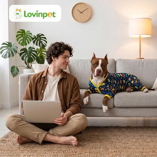 LovinPet Big Dog Pajamas for Large Dogs/Prehistoric Adventure Dinosaur Navy Print/Lightweight Stretchy Knit Pullover Dog Clothes/Large Dog Onesie, Pet Pajamas for Dogs, Pet PJ's/XL - size: X-Large