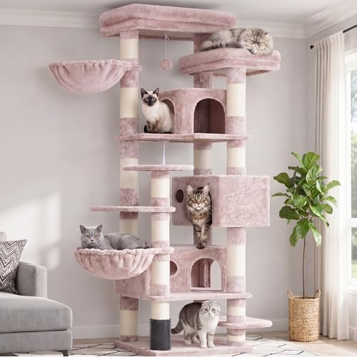 Hey-brother Cat Tree, 74 inches Multi-Level XL Large Cat Tower for Indoor Cats with Three Cat Condos, Two Large Top Decks and Cat Hairbrushfor Kittens, Cats and Pets,Muchroom MPJ035-MMU - color: Muchroom
