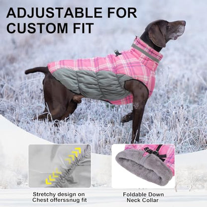 BEAUTYZOO Dog Winter Coat with Harness Built in, Reflective Plaid Puffer Vest Waterproof for X-Small Dogs, Fleece Warm Puppy Zipped Jacket with D Ring, Pet Cold Weather Sweater Clothes, Pink XS - color: Pink, size: X-Small