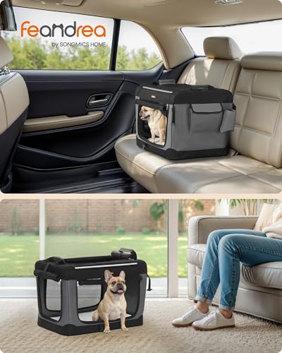 Feandrea Collapsible Dog Crate, 24-Inch Portable Dog Travel Crate for Small Dogs, Oxford Fabric Pet Carrier with 4 Mesh Doors, Handles, Storage Pocket, Water Bottle Holder, Ink Black UPDC016B01 - size: 24.0"L x 16.5"W x 16.5"H