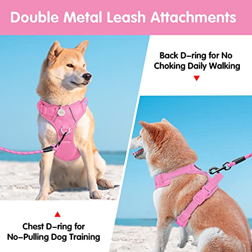 PoyPet No Pull Dog Harness and 5 Feet Leash Set, Release on Neck Reflective Adjustable Pet Vest, Front & Back 2 D-Ring and Soft Padded Pet Harness with Handle for Small to Large Dogs(Pink,M) - color: Light Pink, size: Medium