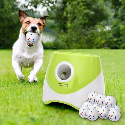 Interactive Automatic Ball Launcher for Dogs, 20-46Ft 3 Distance, Ball Thrower for Medium & Large Dogs, with 12pcs 58mm ETPU Tennis Balls, Rechargeable Dog Toy for Outdoor Lawn
