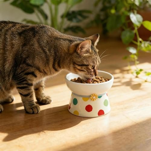 Elevated Ceramic Cat Bowls, 15°Raised Cat Food Bowl,Whisker Friendly Anti Vomiting Cats Dishes,Anti Vomiting&Protect Pet's Spine,Feeder Dish for Indoor Kitty and Small Dogs (Polka dot Tall cat Bowl) - color: Polka dot tall cat bowl