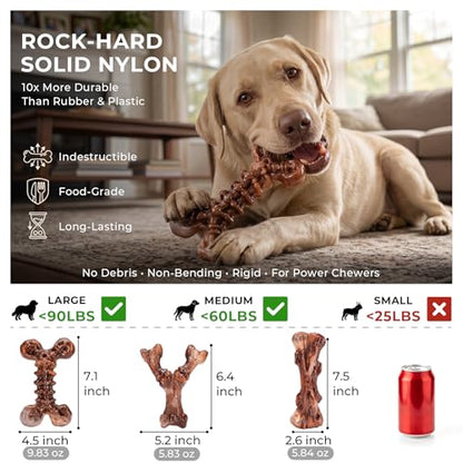 Kseroo 3-Pack Indestructible Dog Chew Toys for Aggressive Chewers: Bacon Flavored Rock-Hard Solid Nylon, Tough Dog Bones for Medium/Large Dogs 25-90lbs, Heavy Duty Dog Toys to Keep Them Busy, Brown-XL - color: 3PC-Bacon-Brown