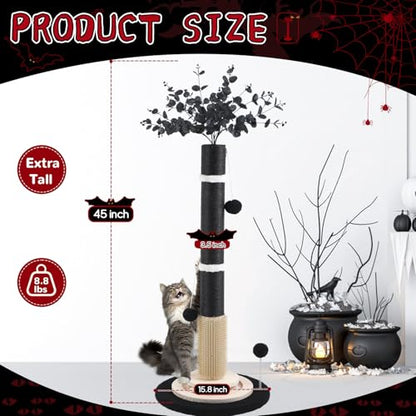 Scratching Posts for Indoor Cats Adults,45'' Tall Halloween Gothic Scratching Post with 3.5Inch Diameter Sisal Rope,Black Cat Scratcher with Interactive Ball Toys Self Groomer Brush for Large Cats - color: black-45inch