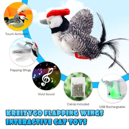 Cat Toys, Flapping Wings Woodpecker, No Flying, Chirping Bird Interactive Catnip Toy for Kitten or Small Dogs, Touch Activated, Rechargeable - color: Big Woodpecker