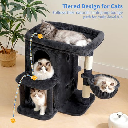 Heybly Cat Tree, 25.6-inch Cat Tower with Spacious Top Perch for Large Cats, Stair-Style Cat House Furniture with Dual-Layer Condos, Sisal Scratching Posts, Cozy Basket & Pompom, Smoky Gray HCT204SG - color: Smoky Gray, size: 25.6 inch