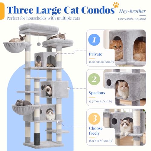Hey-brother Cat Tree, 74 inches Multi-Level XL Large Cat Tower for Indoor Cats with Three Cat Condos, Two Large Top Decks and Cat Hairbrushfor Kittens, Cats and Pets, Light Gray MPJ035-MW - color: Light Gray