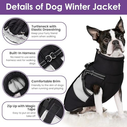 Small Dog Coat with Harness Built in, Warm Dog Jacket Winter with Zipper On Back, Waterproof Pet Snow Jacket Snowsuit Pet Sweater Clothes for Puppy, Black XS - color: Black, size: X-Small