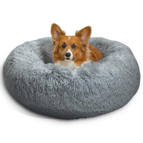 Best Friends by Sheri The Original Calming Donut Dog Bed for Small Dogs up to 25 lbs, Shag Faux Fur, Gray, 23" x 23" - color: Gray Shag, size: Small