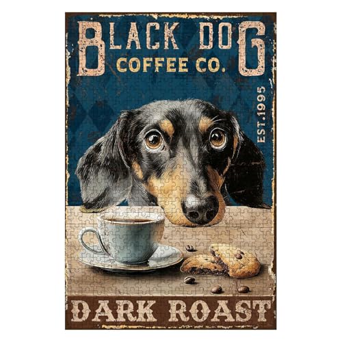 500 Pieces Jigsaw Puzzles for Adults, Black Dog Coffee Co. Dark Roast Dachshund Art Puzzle, Stress Relief Concentration Training Brain Teaser Puzzle 20.4x15 Inch - color: Wooden Puzzle4, size: 500 Piece pcs