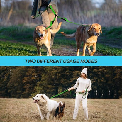 Double Dog Leash, No Tangle Dual Leash, Reflective Walking Training Lead, 4 Comfortable Padded Handles for 2 Dogs with Collapsible Bowl and Waste Bags (Grass Green, Large) - color: Grass Green