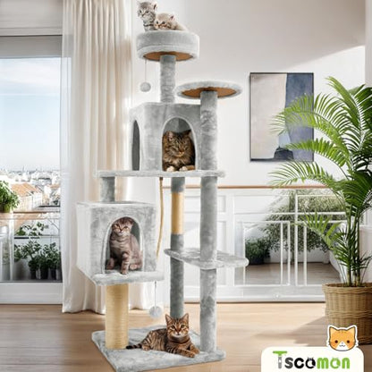 58.5inch Large Cat Tree Tower Condo for Indoor Cats, Soft Plush Multi-Level Climbing Tree Cat House, Scratching Post, More Entrance/Exit, Sisal Rope, Light Grey - color: Light Grey