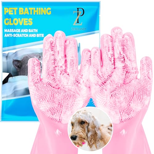 Pet Grooming Gloves, High-Density Silicone Gloves with Enhanced Five Finger Design for Bathing and Massaging Dogs and Cats (Pink) - color: Pink