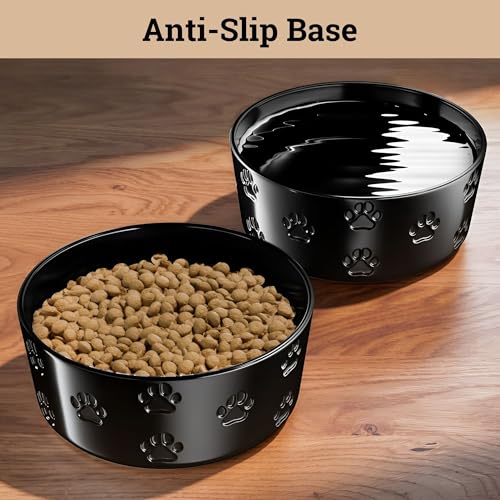 Ceramic Dog Bowl Set of 2 with Anti-Skid Base - 6.5" Wide x 2.5" Tall Ceramic Dog Bowls Medium Sized Dogs - 3.8 Cup Capacity Food and Water Bowls for Dogs - Rubber Bottom Pet Bowl Set of 2 Medium Size - color: Black, size: Medium
