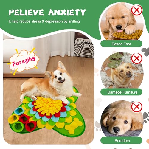 Snuffle Mat for Dogs Pet Treats Feeding for Small Medium Breed Dogs Non-Slip Interactive Dog Puzzle Toys Encourages Natural Foraging Skills - color: Green Sunflower 20 "x 20"