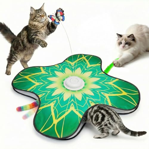 Interactive Cat Toy for Indoor Cats, Touch Activated Automatic Electronic Cat Toy with Sound On/Off, Dual Wands, Non-Slip Suction Cups, Rechargeable Hide and Seek Cat Play Mat for Bored Adult Kittens - color: Green