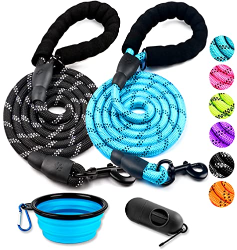 2 Pack Dog Leash 6 FT Heavy Duty - Comfortable Padded Handle - Reflective Dog Leash for Medium Large Dogs with Collapsible Pet Bowl Set 2-Black+Blue - color: Set 2-Black+Blue, size: 1/2"x 6 FT (18~120 lbs.)
