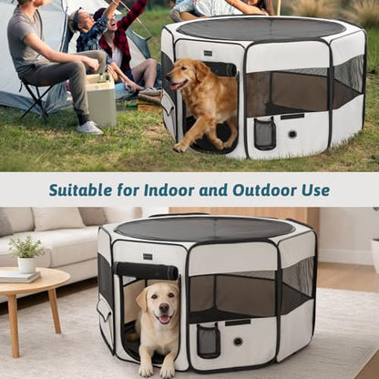 PETSFIT 45.5" Dog Playpen Indoor/Outdoor-Jump-Proof 28.5" Height with Removable Waterproof Mat & Zippered Roof | RV, Camping, Travel Dog Pen | Whelping & Cat Observation Space(45.5"L x 45.5"W x 28.5H) - color: Grey