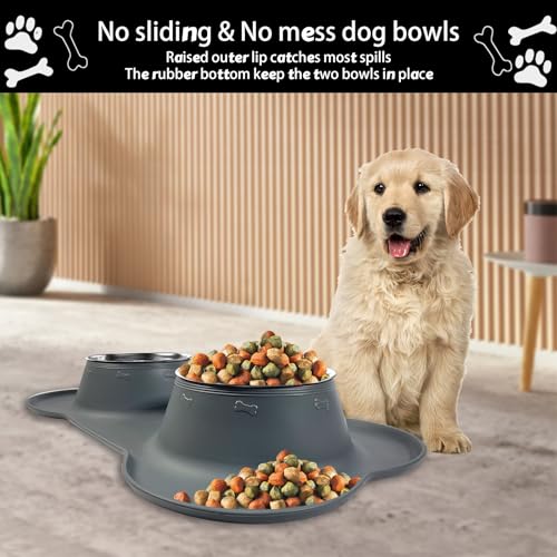 Dog Food Bowls Stainless Steel Dog Food & Water Bowl Set with No Spill No Slip Silicone Mat, Dog Dishes for Small Medium Size Dogs Pet Cat Puppy Food Feeding Bowls, Grey, 24oz, 3 Cup - color: Grey, size: 3 Cup/27 oz each