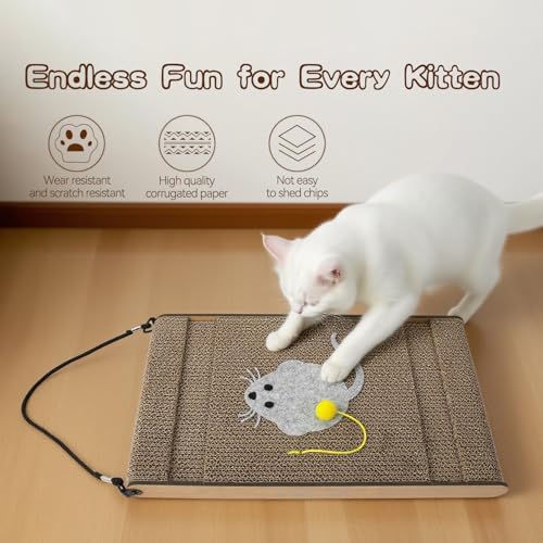 Cat Scratching Board. Cat Scratcher for Indoor Cats with Catnip. Cardboard Cat Scratcher with Mouse Logo and Hanging Ball Toy. Cat Scratch pad with Double-Sided Usability (Pack of 2)