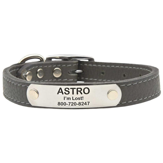 dogIDs Personalized Soft Designer Leather Dog Collar - Adjustable, Odor Resistant, Built-in Custom Laser Engraved Rivet on Name Plate- Granite Grey - 1/2 in Wide x 7 in Neck - color: Granite Grey, size: 1/2 in wide x 9 in (its 6-8 inch necks)