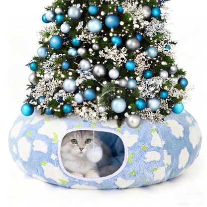 Cat Tunnel Bed, Foldable Cat Donut Tunnel with Removable Cushion, Toy Ball & Social Windows, Stress Relief Fun, Round Pet Play Tunnel for Indoor Cats, Kittens and Small Pets (3D Cloud Pattern)