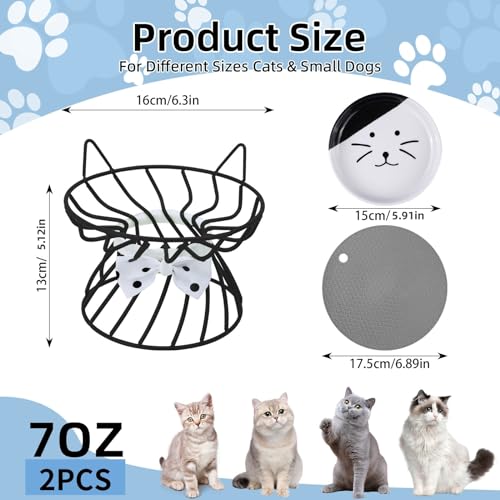 2PCS Ceramic Elevated Cat Bowls, Raised Pet Food Bowl Whisker Friendly, Anti-Vomiting Food Plate with Cute Metal Stand, Shallow Food Plate for Indoor Cat, Protects Spine - color: Black set of 2