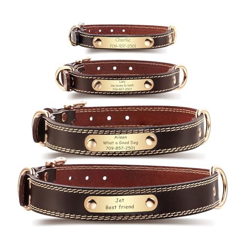 Personalized Dog Collars Custom Leather Dog Collar Engravable Name ID Tag Brown Collar Leather Name Plate Collar for Small Medium and Large Dogs (XS) - size: XS (Neck circumference 27-34)