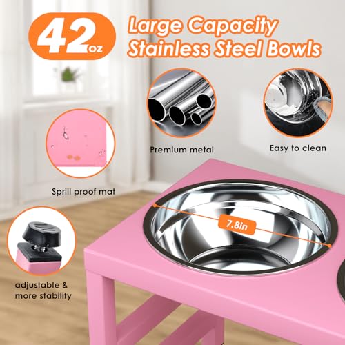 ADENGL Pink Metal Raised Dog Bowl Stand for Large Dogs, Stronger Elevated Dogs Bowls with Sprill Proof Mat, Food & Water Bowl 10in Tall Feeder (42OZ-Stainless Steel Dog Bowls, Mat-12x19 in) - color: Pink - L Silicone Dog Mat, size: Height-10inch