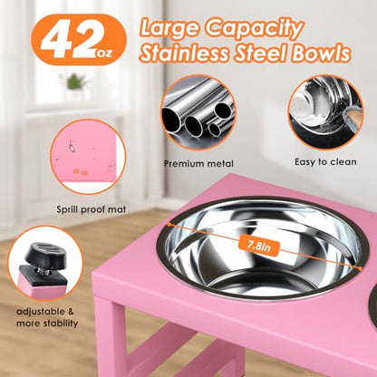 ADENGL Pink Metal Raised Dog Bowl Stand for Large Dogs, Stronger Elevated Dogs Bowls with Sprill Proof Mat, Food & Water Bowl 10in Tall Feeder (42OZ-Stainless Steel Dog Bowls, Mat-12x19 in) - color: Pink - L Silicone Dog Mat, size: Height-10inch