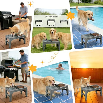 3-in-1 Elevated Slow Feeder and Water Bowls for Dogs, 4 Height Adjustable Raised, Separate Dry and Wet Areas, Prevent Water Overflow, Foldable Pet Bowl