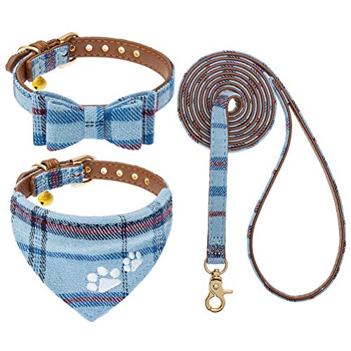 EXPAWLORER Dog Collar and Leash Set - Pawprint Plaid Collar with Bow Tie and Bell, Cute for Dogs and Cats, Blue S-M - color: Blue, size: S-M