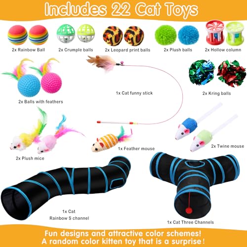Poen 22pcs Cat Kitten Toys Set with 2 Collapsible Cat Tunnel and 20 Interactive Kitty Feather Toy, Fluffy Mouse, Crinkle Balls, for Kitten Puppy(Blue, Black) - color: Blue, Black