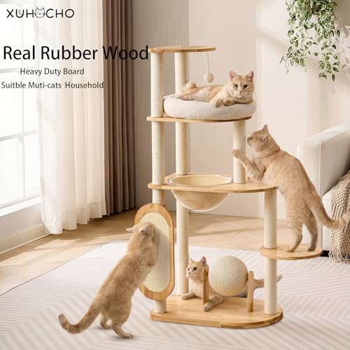 Modern Cat Tree with Scratching Post, Solid Rubber Wood Cat Tree Tower for Indoor Cats with Cotton Nest, Space Capsule, Cat Scratching Ball and Board