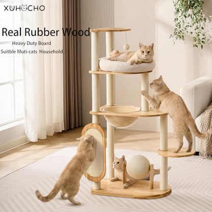 Modern Cat Tree with Scratching Post, Solid Rubber Wood Cat Tree Tower for Indoor Cats with Cotton Nest, Space Capsule, Cat Scratching Ball and Board
