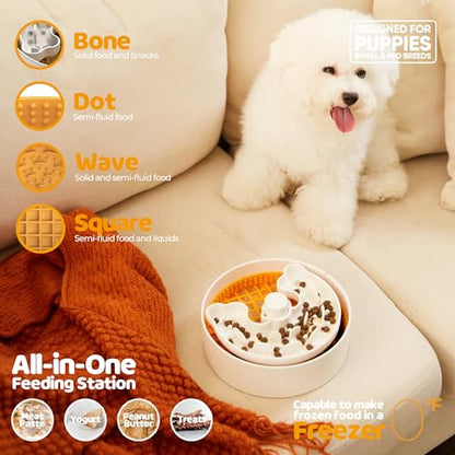 Puzzle Feeder Slow Feeder Dog Bowl, Rich Texture Lick Mat, Enrichment Puppy Feeder for Small Dogs, 4 Modes, 3 Detachable Parts, Adjustable Feeding Speeds