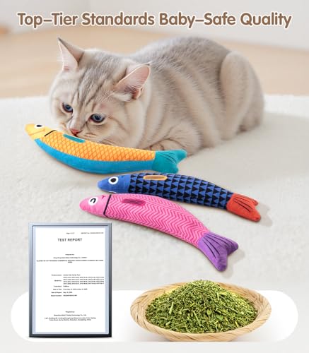 Interactive Cat Toys with[5000mg Premium A+Catnip &Silvervine][Baby Grade] Soft Chew Kicker Cat Toys for Indoor Cats & Kittens, Crinkle &Rattle Fish Sound Toy, Drives Bored Cats Crazy with Fun,3 Pack - color: Blue+Yellow+Pink